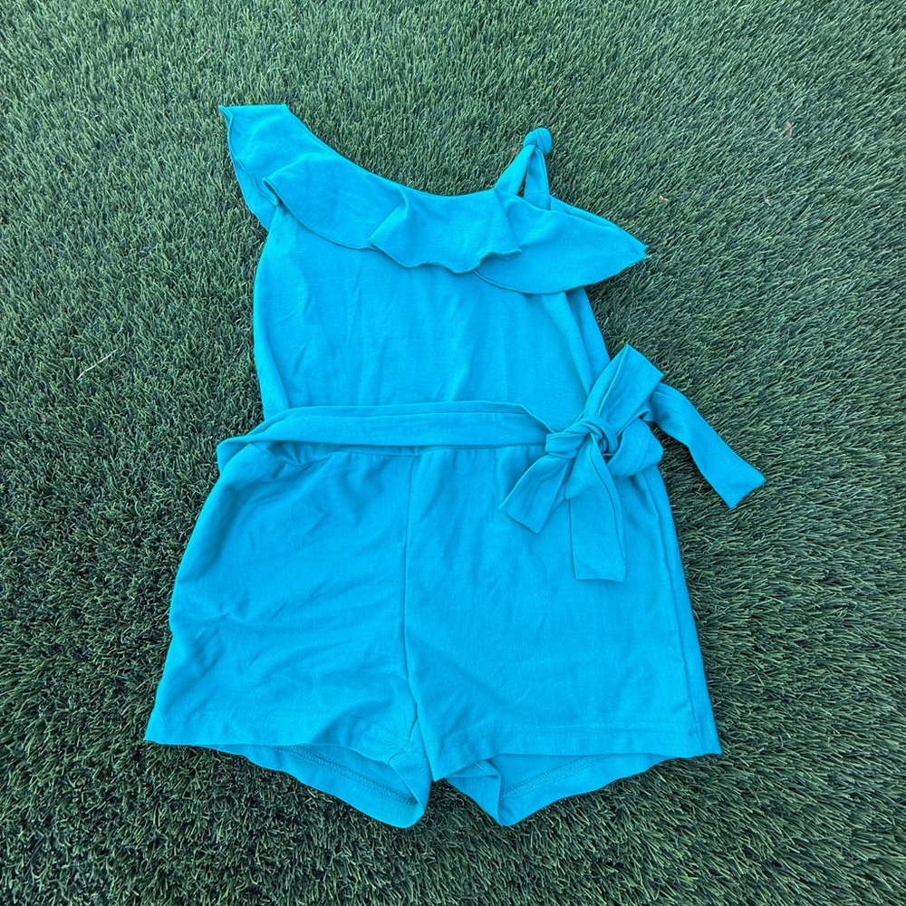 Girls One-Shoulder Ruffle Romper with Tie Waist in Teal